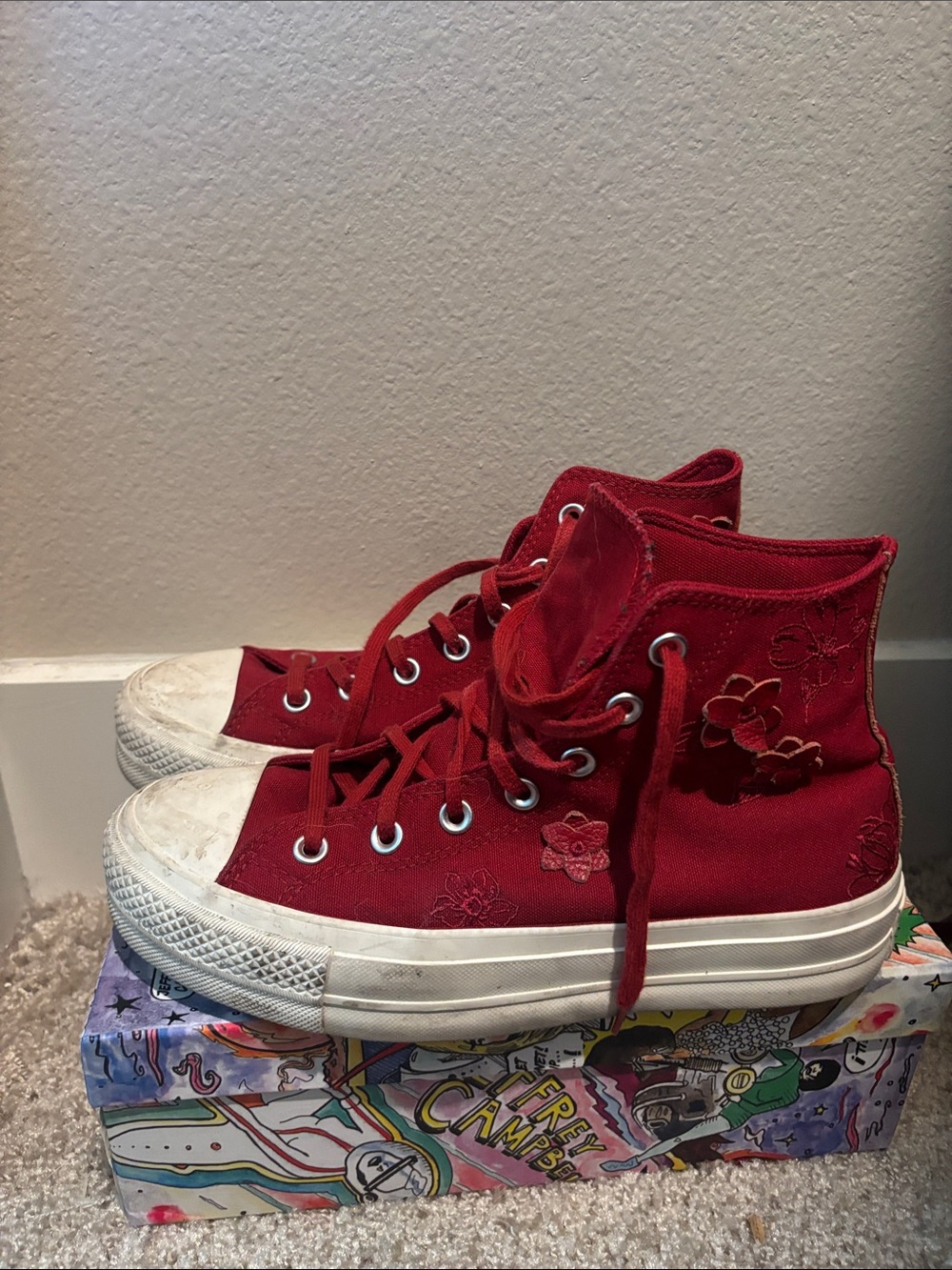 Converse Red Floral Embroidered High-Top Sneakers